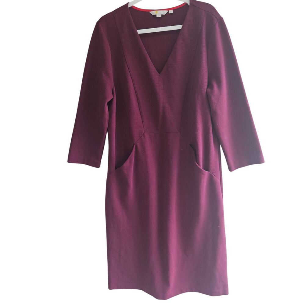 Boden 12 Long Burgundy Ribbed Shift Dress V Neck Pockets 3/4 Sleeve